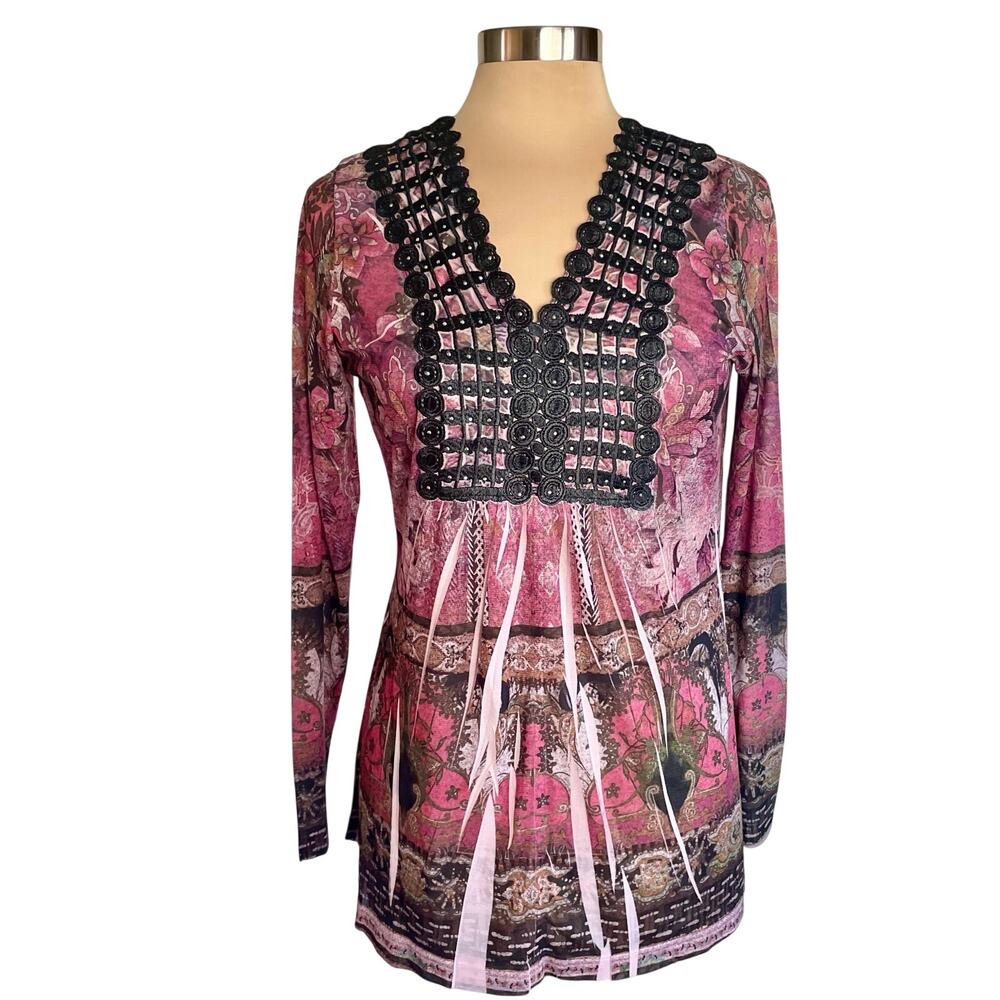 World Unity Burgundy Print Top Black Lace MEDIUM Whimsygoth Dark Fairy Y2K Boho